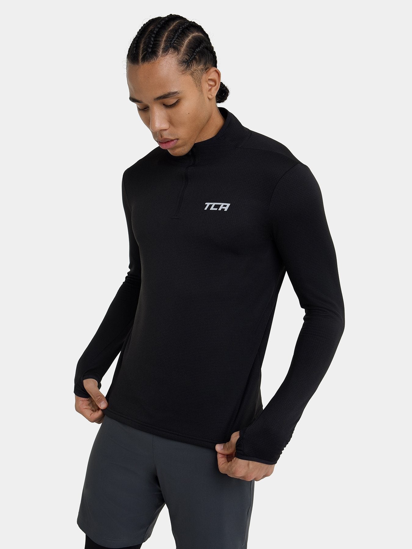 Men's Cloud Fleece 1/4 Zip Long Sleeve Running Top Black TCA