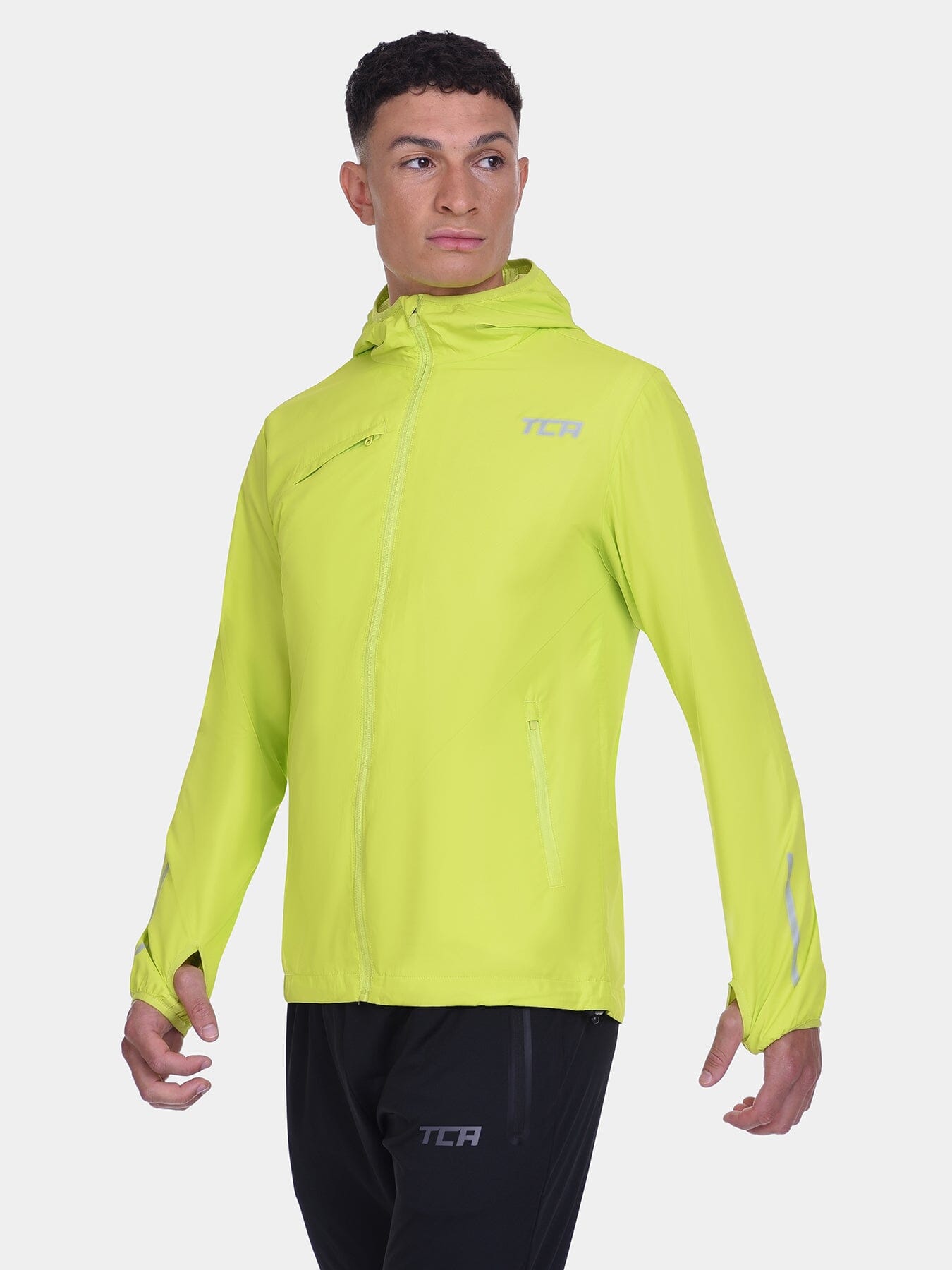 Softshell Packable Running Water Repellant Hooded Jacket For Men With Thumbholes, Reflective Strips & Zip Pockets