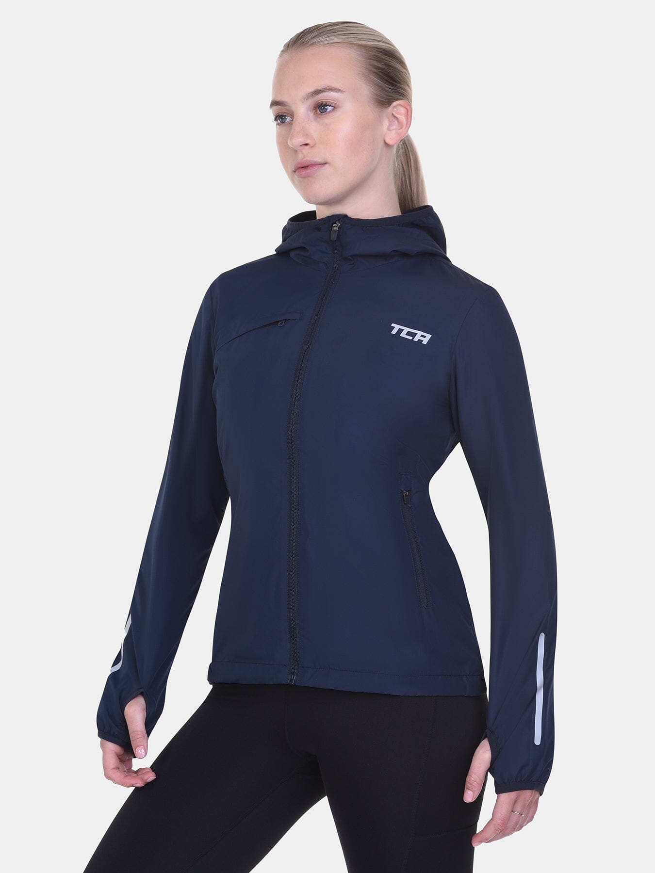 Softshell Packable Running Water Repellant Hooded Jacket For Women With Thumbholes, Reflective Strips & Zip Pockets