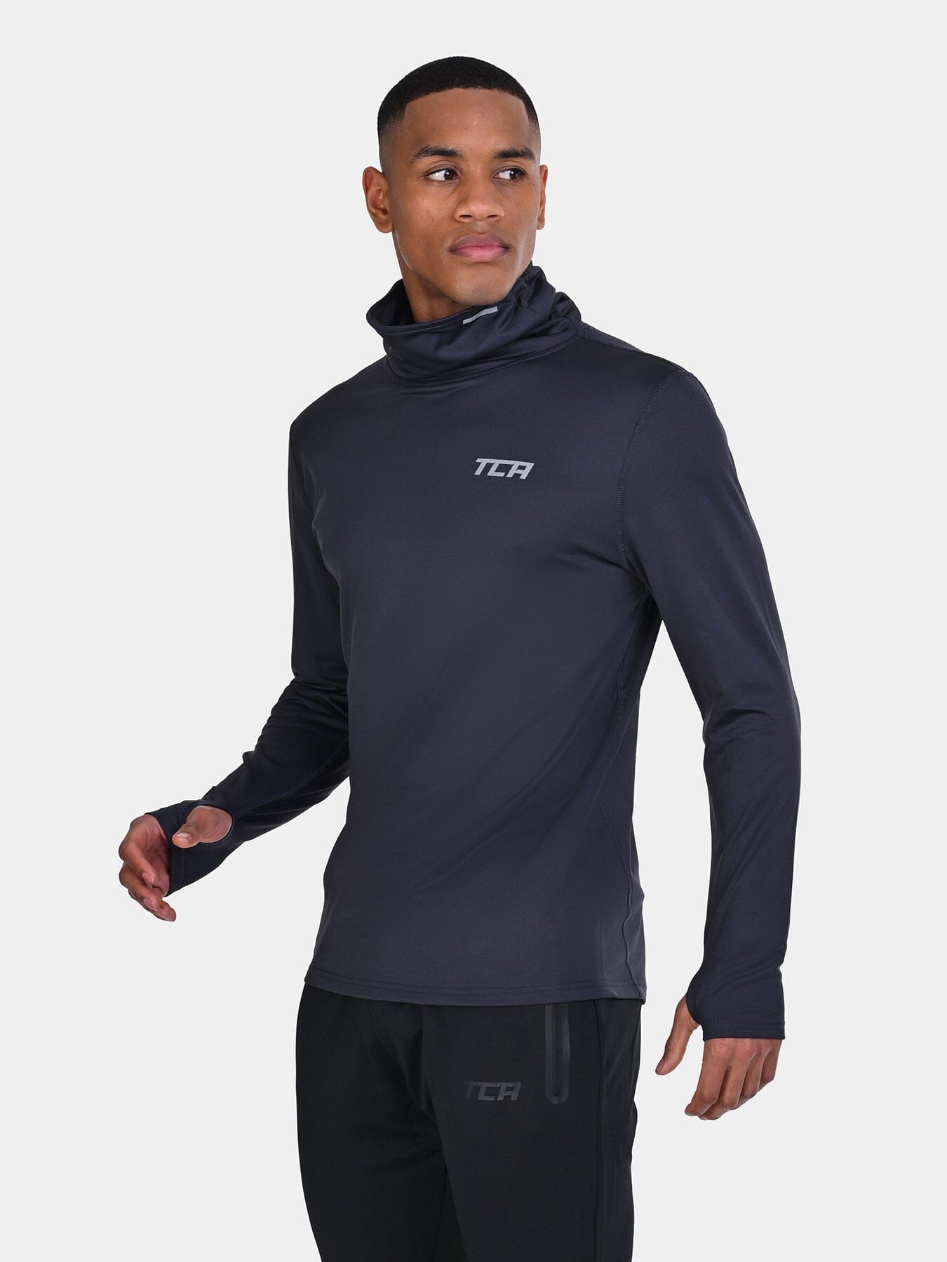 Warm-Up Thermal Long Sleeve Funnel Neck Top For Men With Brushed Inner Fabric, Thumbholes & Reflective Strips