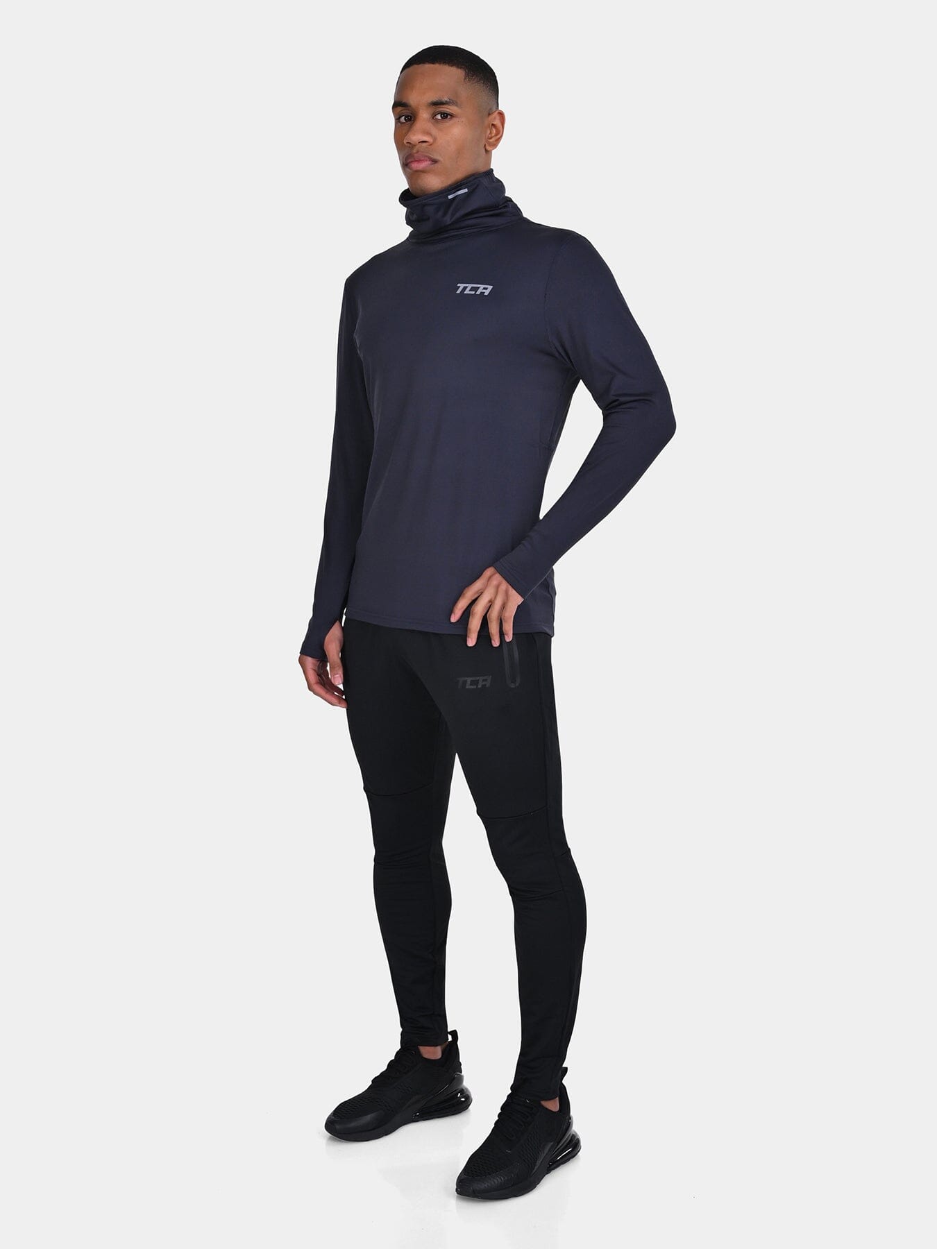 Warm-Up Thermal Long Sleeve Funnel Neck Top For Men With Brushed Inner Fabric, Thumbholes & Reflective Strips