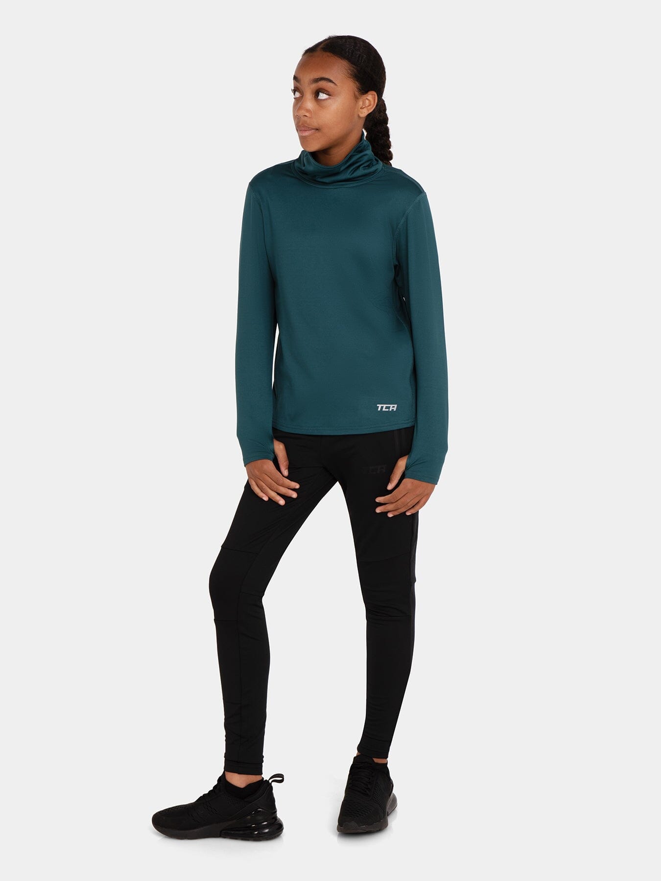 Warm-Up Thermal Long Sleeve Funnel Neck Top For Girls With Brushed Inner Fabric, Thumbholes & Reflective Strips