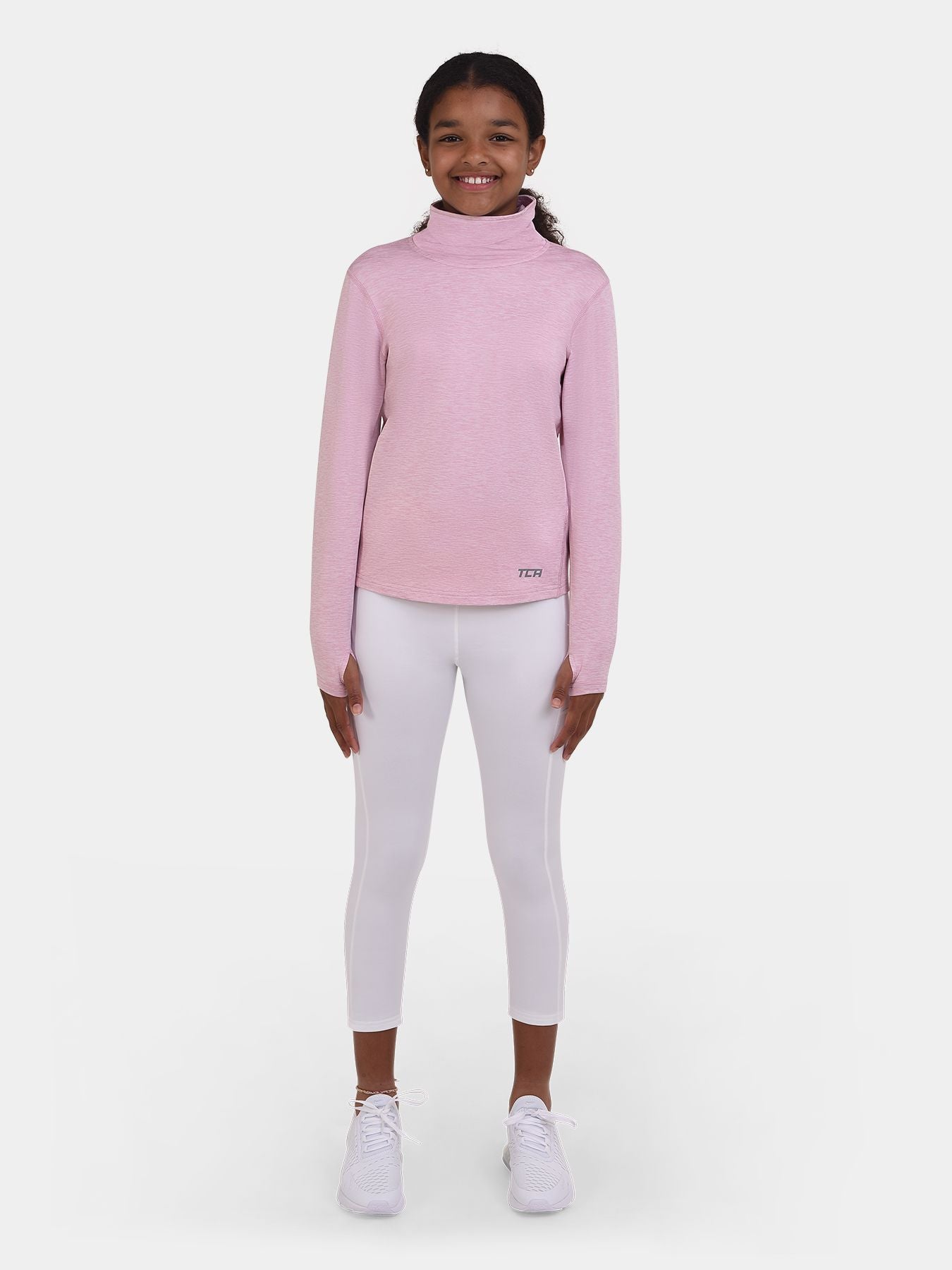 Warm-Up Thermal Long Sleeve Funnel Neck Top For Girls With Brushed Inner Fabric, Thumbholes & Reflective Strips