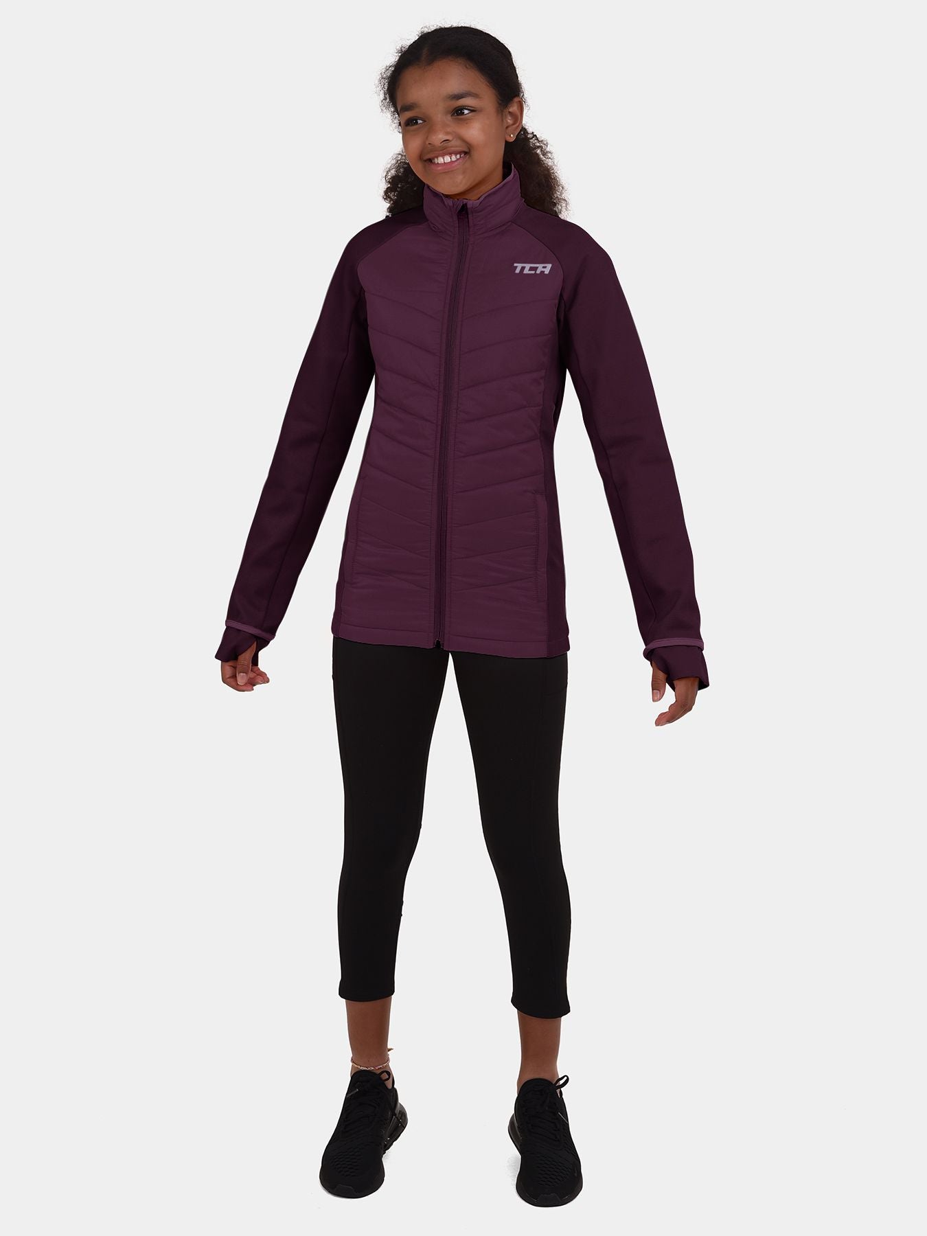 Excel Running Padded Packable Hooded Jacket For Girls With Thumbholes, Underarm Ventilation Zips, Zip Pockets & Reflective Strips
